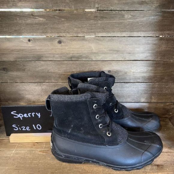 Womens Sperry Black Wool Leather Ankle Duck‎ Winter Snow Boots Size 10 M GUC - Picture 1 of 6